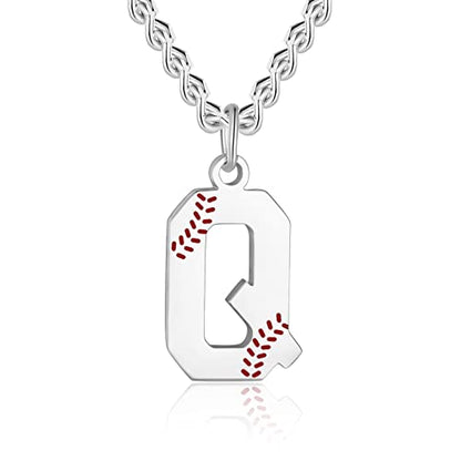 AIAINAGI Baseball Initial A-Z Letter Necklace - Men's Baseball Charm Pendant in Stainless Steel Silver Chain, 22inch Personalized Gift - style: Q Letter