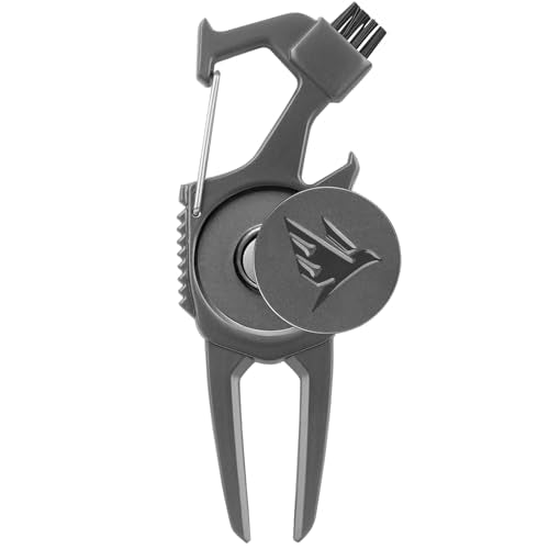 SWIFTEE Golf Divot Pitch Mark Repair Tool 7-in-1 - Club Holder, Brush, Clip Buckle, Groove Cleaner, Bottle Opener, Ball Marker, Divot Tool - Gift Box Included - color: Matte Black