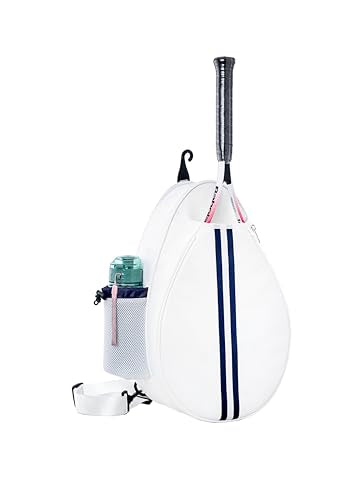 White PU One Shoulder Crossbody Tennis Backpack Girls Tennis Bag Tennis Racket Sling Bag for Women, with Water Bottle Holder - color: cream white