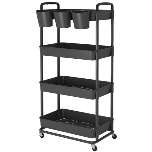 JIUYOTREE 4-Tier Plastic Rolling Storage Cart Utility Cart with Extra Hanging Cups Handles Lockable Wheels for Living Room Bathroom Kitchen Office Black - color: Black, size: 4-Tier