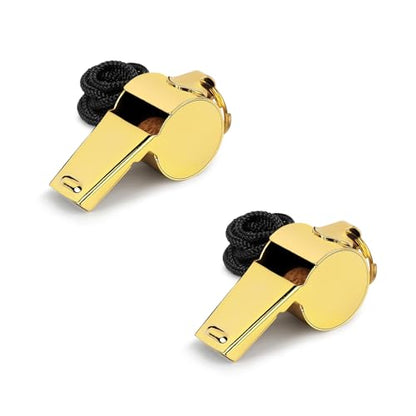 iDIGMALL Gold Whistle with Lanyard, Loud Crisp Sound Stainless Steel Sports Whistle, Durable Metal Whistle Referee Coach Whistles for Football Basketball Soccer School Lifeguard Emergency, Pack of 2