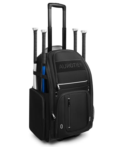 AUROTIER Rolling Baseball Bag with Wheels, Large All-Terrain Wheeled Softball Bag Holds 4 Bats, Water-Resistant Baseball Roller Backpack with Shoe Compartment and Fence Hooks for Players and Coaches - color: Black