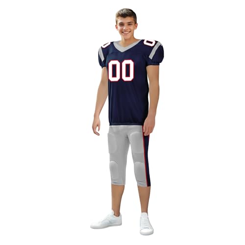 Youth Football Practice Jersey, Custom Blank Kids Practice Football Uniform Sportswear for Boys Training Games - color: Nautical Blue Red Silver