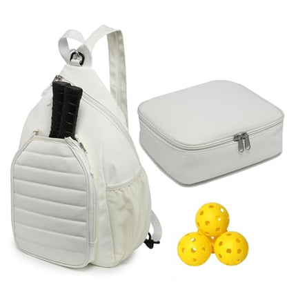 Sling Bag Crossbody Backpack for Pickleball Paddle Tennis Racketball Travel for Men and Women, with Ice Bag 2PS - color: White