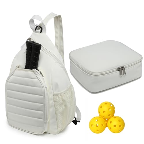 Sling Bag Crossbody Backpack for Pickleball Paddle Tennis Racketball Travel for Men and Women, with Ice Bag 2PS - color: White