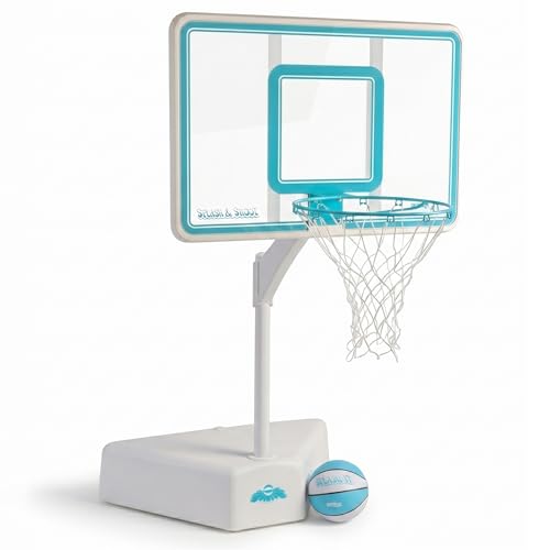 Dunn-Rite Splash & Shoot Pool Basketball Hoop, Adjustable Height Backboard – 200lbs Water-Filled Base, Stainless Steel Rim & Waterproof Basketball, Made in USA, Clear Aqua