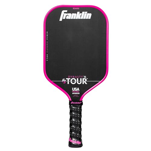 Franklin Sports Pro Pickleball Paddles - FS Tour Series Raw Carbon Fiber T700 - USA Pickleball Approved - Unibody Epoxy Resin Injected Edge - Dynasty + Tempo - 14mm/16mm Core - Gray, Blue + Pink - color: Pink, size: 16 mm, style: Dynasty