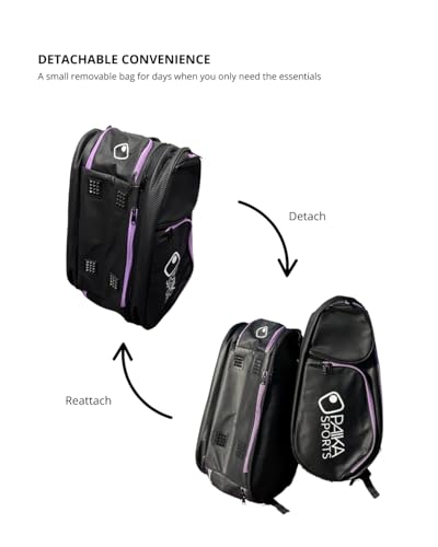 Detachable Pickleball Bag, Black with Purple Accents, Large Capacity, Multiple Compartments, Detachable Side Bag, Padded Straps for Paddles and Gear