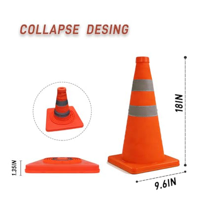 18 Inch,4 Pack, Collapsible Traffic Safety Cones, Orange, Reflective Collar, for Road Safety, Driving Training, Parking Lots (4)