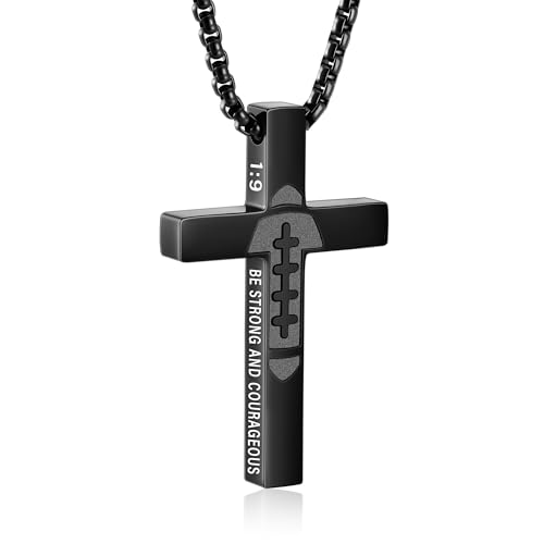 Football Cross Necklace for Boys Men, Stainless Steel Bible Verse Cross Pendant Chain Sports Gear Stuff Christian Religious Jewelry Gifts for Teen Boys Kids - color: Black, style: Joshua 1:9