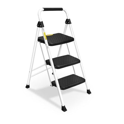 HBTower Step Ladder, Folding Step Stool with Wide Anti-Slip Pedal, Sturdy Steel Ladder, Convenient Handrail, Lightweight, Portable Steel Step Stool - color: White, size: 3 Step Ladder