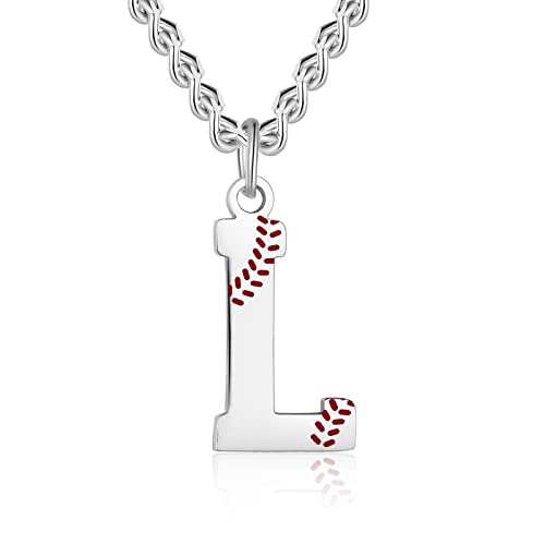 AIAINAGI Baseball Initial A-Z Letter Necklace - Men's Baseball Charm Pendant in Stainless Steel Silver Chain, 22inch Personalized Gift - style: L Letter
