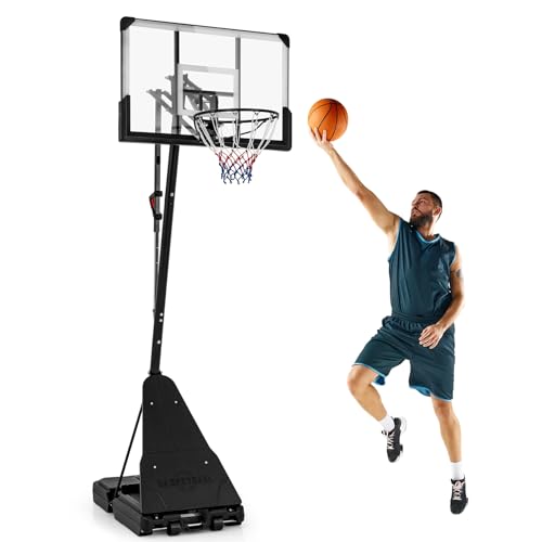 GYMAX Basketball Hoop, 4.9-10 FT Height Adjustable Basketball Goal with 44 Inch PC Backboard, Rebound Plate & Wheels for Kids Teens Adults, Portable Basketball Hoop for Indoor & Outdoor