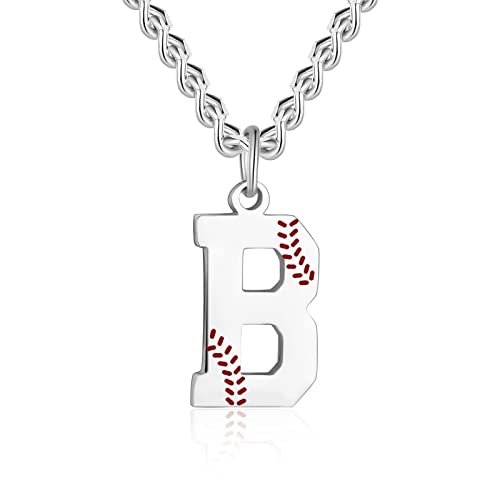 AIAINAGI Baseball Initial A-Z Letter Necklace - Men's Baseball Charm Pendant in Stainless Steel Silver Chain, 22inch Personalized Gift - style: B Letter