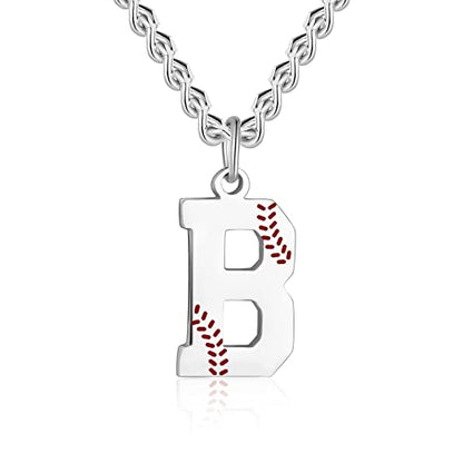 AIAINAGI Baseball Initial A-Z Letter Necklace - Men's Baseball Charm Pendant in Stainless Steel Silver Chain, 22inch Personalized Gift - style: B Letter