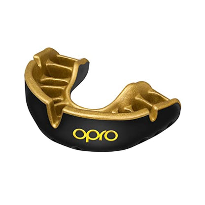 OPRO Gold Level Moldable Mouth Guard Premium Fit (Black/Gold) Adult & Kids Boxing Mouthguard for MMA & Impact Sports, Easy Self-Fit Mouth Guard for Sports, Football & Hockey - Includes Case