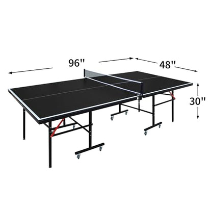 IUNNDS Portable Table Tennis Table 6/8/8.5/9FT Foldable Ping Pong Game Set for Indoor with Net and Post Set, 2 Paddles and 3 Balls - color: Black-8FT with Wheel
