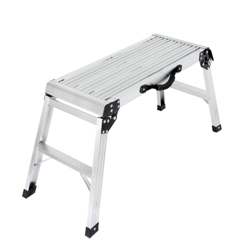 LEADALLWAY Aluminum Work Platform Step Ladder with Handle Heavy Duty Foldable Step Stool 330 Lbs Capacity Silver
