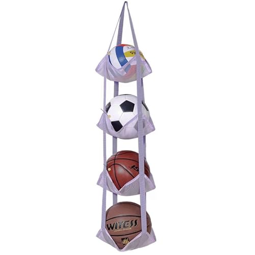 4-Tier Mesh Ball Storage Net Rack Organizer, Door or Wall-Mounted Vertical Ball Holder for Basketball, Soccer, Volleyball, Football, Space-Saving Sports Organizer for Garage, Home, Basement (Grey)