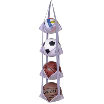 4-Tier Mesh Ball Storage Net Rack Organizer, Door or Wall-Mounted Vertical Ball Holder for Basketball, Soccer, Volleyball, Football, Space-Saving Sports Organizer for Garage, Home, Basement (Grey)