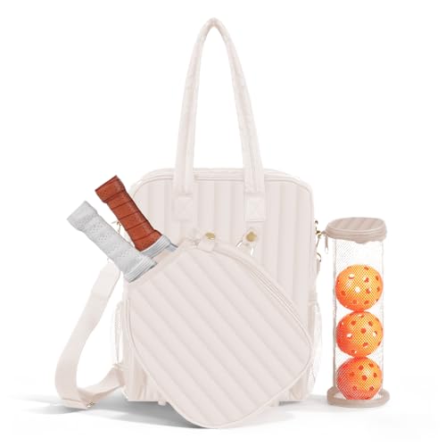 Women's Pickleball Bag with Ball Bag, Waterproof Pickle Ball Bag Tote Shoulder Bag - color: Cream