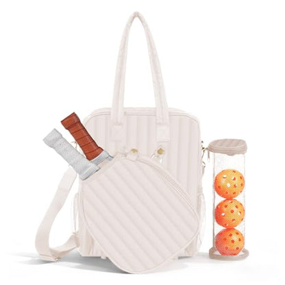 Women's Pickleball Bag with Ball Bag, Waterproof Pickle Ball Bag Tote Shoulder Bag - color: Cream