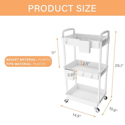 3 Tier Rolling Utility Cart with Handle,REBECAT Utility Cart Made of Multifunctional Storage Organizer Tool for Kitchen,Bathroom,Living Room,Office(White) - color: White
