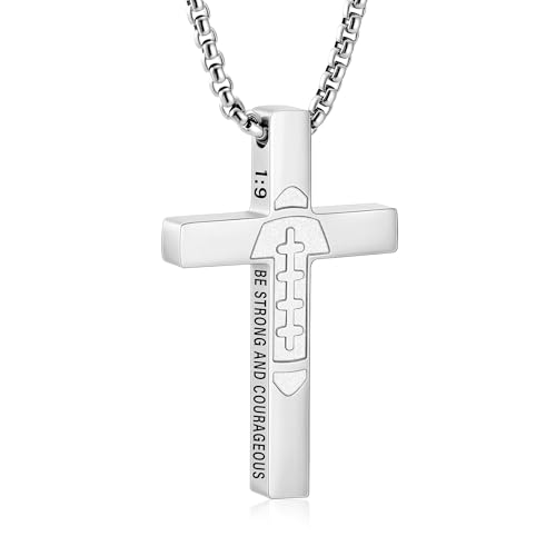 Football Cross Necklace for Boys Men, Stainless Steel Bible Verse Cross Pendant Chain Sports Gear Stuff Christian Religious Jewelry Gifts for Teen Boys Kids - color: Silver, style: Joshua 1:9