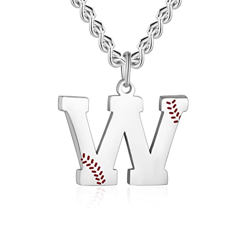 AIAINAGI Baseball Initial A-Z Letter Necklace - Men's Baseball Charm Pendant in Stainless Steel Silver Chain, 22inch Personalized Gift - style: W Letter