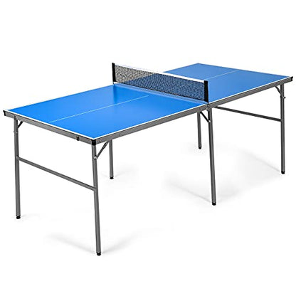 GYMAX Folding Table Tennis Table Set, Complete Ping Pong Table Combo with Removable Net, 2 Paddles & 3 Balls, Potable Table Tennis Kit for Family Kids Game