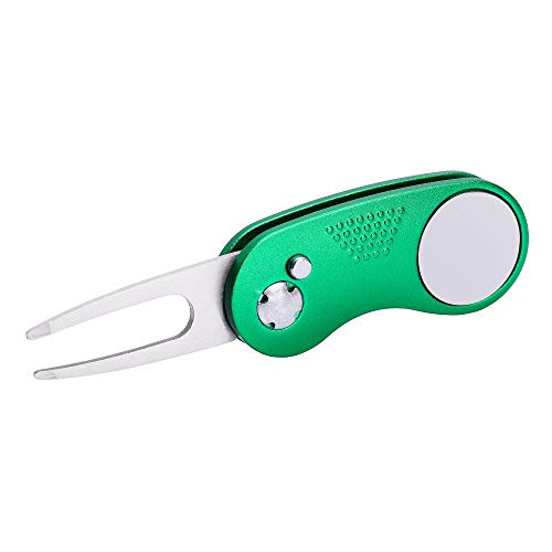 Mile High Life Golf Divot Repair Tool, All Metal Foldable Divot Tool with Pop-up Button & Magnetic Ball Marker - color: Green Curve