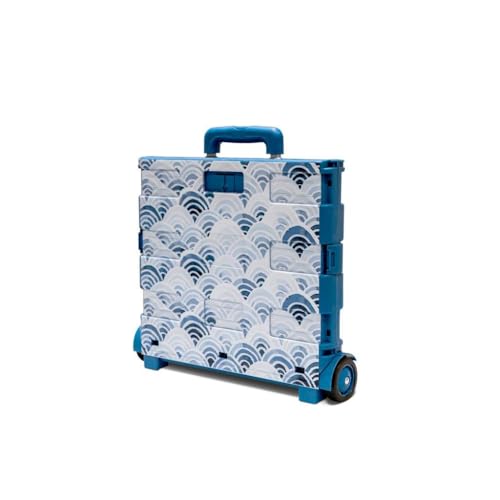 Inspired Living Ultra-Slim Rolling Collapsible Storage Pack-N-Roll Utility-carts, with Telescopic Handle, for Home, Garden, Shopping, Office, School use, Large, Blue, Wave Print