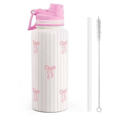 SANDJEST Bow Stainless Steel Water Bottle with Strap 32oz, Insulated Bottles with Straw and Spout Lid for Gym Sports Travel Outdoor, Gifts for Women Girls Birthday Christmas - color: Bow
