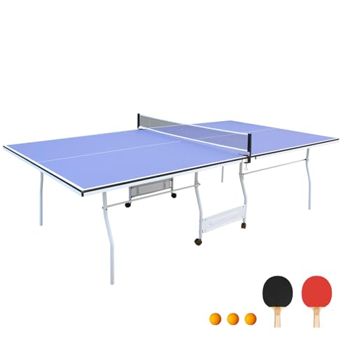 9FT Table Tennis Table, Foldable Ping Pong Table Set for Indoor Games, Portable Table Tennis Table with Net, 2 Table Tennis Paddles and 3 Balls