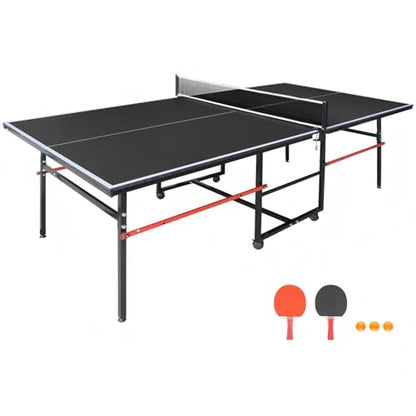 8ft Mid-Size Ping Pong Table, Foldable Table Tennis Table with Net, 2 Table Tennis Paddles and 3 Balls for Indoor/Outdoor, Black