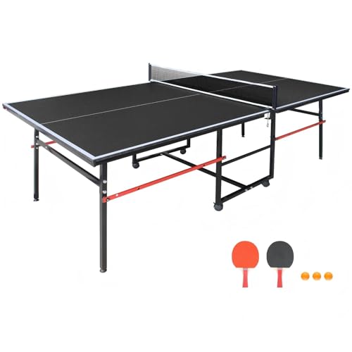 8ft Mid-Size Ping Pong Table, Foldable Table Tennis Table with Net, 2 Table Tennis Paddles and 3 Balls for Indoor/Outdoor, Black