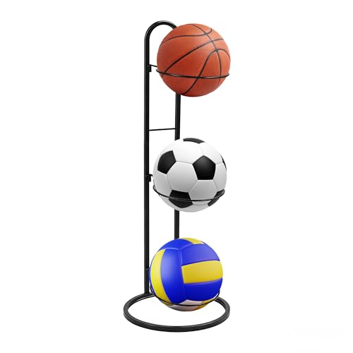 3 Tier Ball Storage Rack, Metal Freestanding Ball Display Holders Organizer Shelf, Garage Sports Equippment Stand, Black