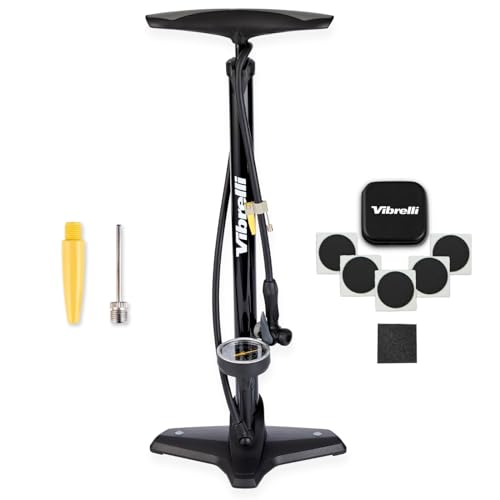 Vibrelli Vibrelli Bike Floor Pump with Gauge - High Pressure 160 PSI - Presta Valve Bike Pump Automatically Switches to Schrader - Bicycle Pump Comes with Glueless Puncture Kit