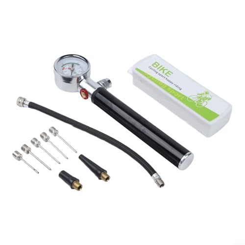 Portable Bike Pump, Aluminum Alloy Tire Inflator with Pressure Gauge, for American and Valves, Basketball Needle Included - size: Basketball full set