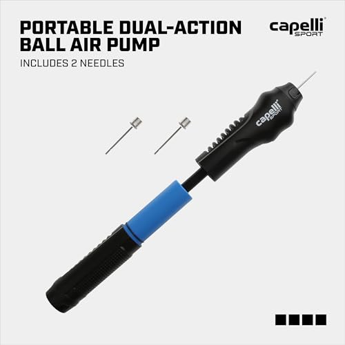 Capelli Sport Portable Air Pump, Dual Action Hand Ball Pump for Inflatables, Includes 2 Needles and Extension Hose, Great for Soccer, Football, and Basketball, Black/Blue