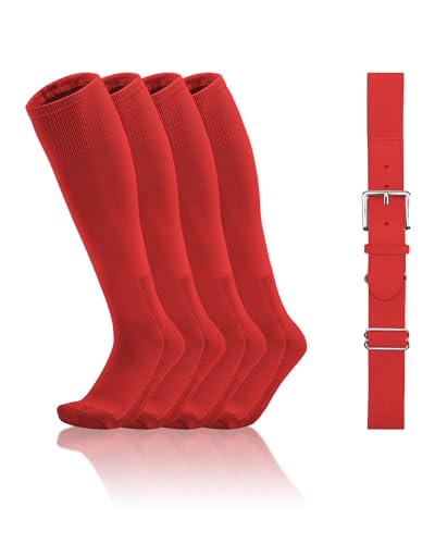 QBK Toddler Baseball Socks And Belt Youth Softball Tee Ball Combo Set for Boy Girl (2 Pairs of Socks & 1 Belt) - color: Red, size: 11-13 Years