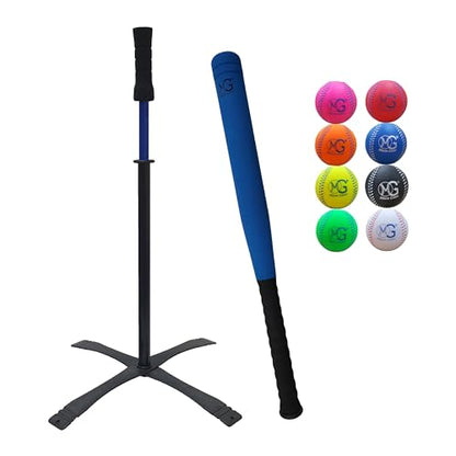 Macro Giant 27 Inch T Ball, Tee Ball, T-Ball Set, 1 Blue Bat, 8 PU Foam Baseballs, Multi Colors, Training, Youth Batting Trainer Beginner, School Playground