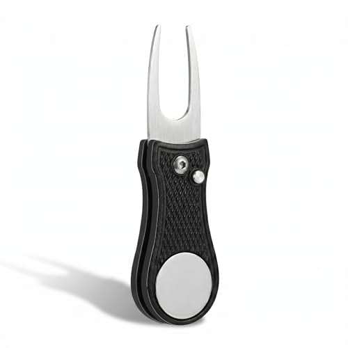Mile High Life Golf Divot Repair Tool, All Metal Foldable Divot Tool with Pop-up Button & Magnetic Ball Marker - color: Black Bone