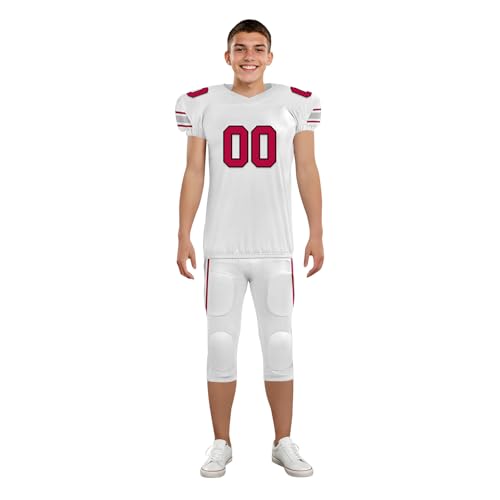 Youth Football Practice Jersey, Custom Blank Kids Practice Football Uniform Sportswear for Boys Training Games - color: White Red Sliver