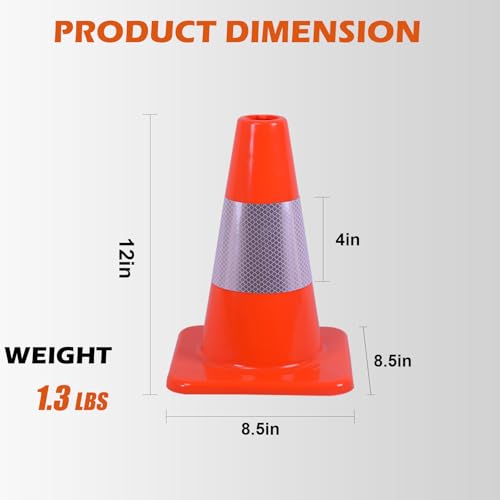 8 Pack 12" Traffic Cones with 4” Reflective Collars – Durable PVC Safety Cones for Parking, Construction, Sports & Training – High Visibility, Weather-Resistant - size: 12 inch -8Pack