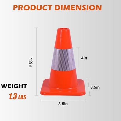 8 Pack 12" Traffic Cones with 4” Reflective Collars – Durable PVC Safety Cones for Parking, Construction, Sports & Training – High Visibility, Weather-Resistant - size: 12 inch -8Pack