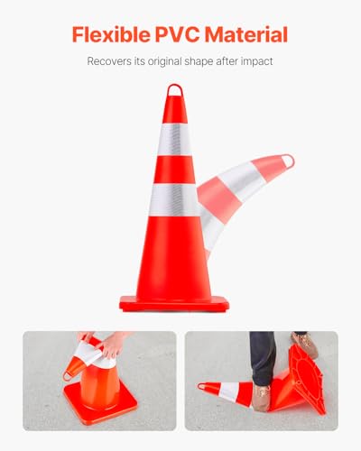 VEVOR Safety Cones, 10PCS 28" Traffic Cones, PVC Orange Construction Cones, 2 Reflective Collars Traffic Cones with Weighted Base and Hand-Held Ring Used for Traffic Control, Driveway Road Parking