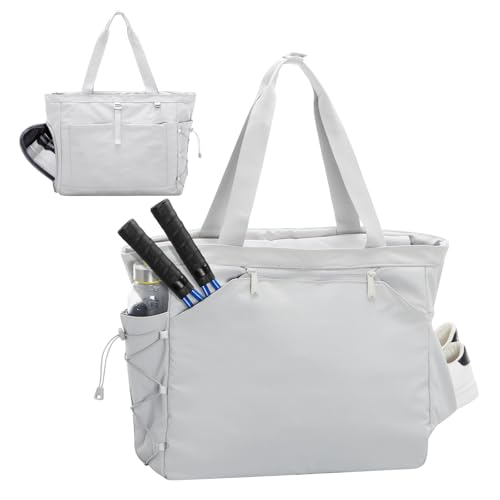 Tennis Gym Bag for Women, Tennis Tote Bag with Shoe Compartment & Wet Pocket, Tennis Racket Bag Holds 2-4 Rackets, Weekend Bag with Laptop Compartment for Men & Women - color: Grey