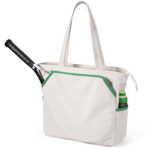 SMRITI Tennis Tote Bag Canvas, Large Sports Handbag Tennis Racket Bag for Women, Portable Tennis Racquet Shoulder Bag for Badminton, Pickleball, Padel - color: Green+White