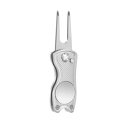 Mile High Life Golf Divot Repair Tool, All Metal Foldable Divot Tool with Pop-up Button & Magnetic Ball Marker, 2-6 Pack - color: Silver Fish